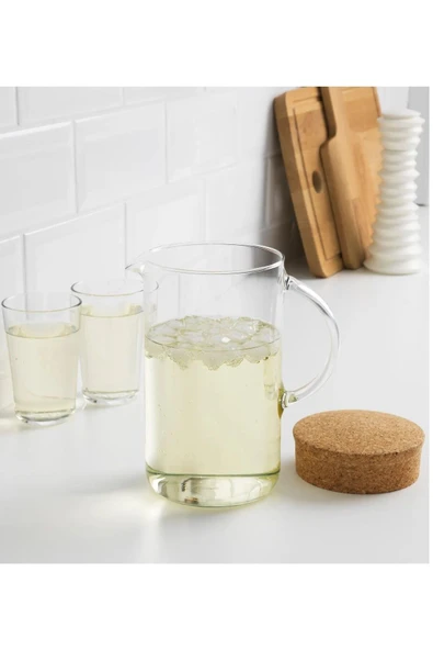 IKEA Mantar Kapaklı Cam Sürahi Hacim 1.5 Litre Kulplu Sürahi Su Şişesi Yükseklik 21 Cm