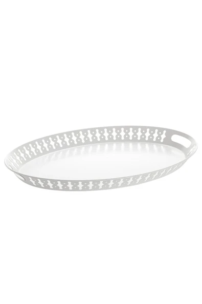 IKEA KALİTELİ Çelik Sunum Tepsisi 52x39 Cm İkea Büyük Desenli Kulplu Tepsi Beyaz Metal Taşıma Tepsisi - 2