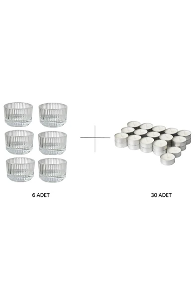 IKEA Finsmak Fener Mumluk Saydam Cam 6 adet + Jamlık Açık Bej 3.5 Saat Vanilya Kokulu Mum 30 Adet