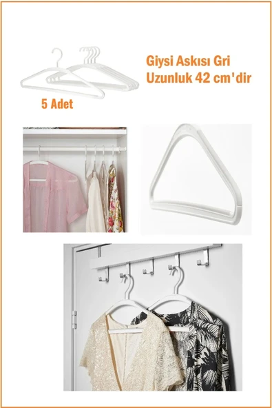 IKEA 5 Parça Trysse Kaydırmaz Plastik Askı, 5'li Beyaz Plastik Elbise