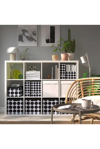 IKEA Tjena Siyah Beyaz Nokta Desen 32x35x32 Kapaklı Dekoratif Eşya Saklama Kutusu Düzenleme Kutusu - 3