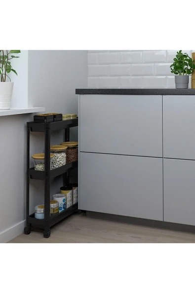 IKEA Vesken Servis Sehpası, Tekerlekli Çok Amaçlı Raf Siyah, 54x18x71 Cm - 2