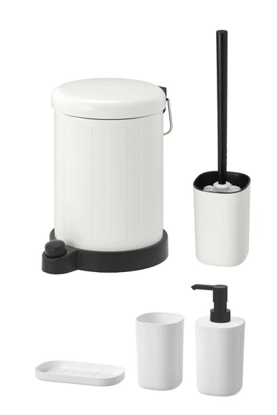 IKEA 5'li Banyo Seti Çöp Kovası Diş Fırçalık Sabunluk Tuvalet Fırçası Beyaz Galvaniz Çelik ve Plastik - 2