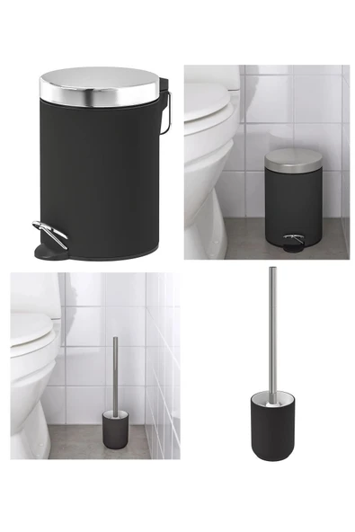 IKEA 2'li Banyo Seti - Banyo Çöp Kutusu / Kovası 3 lt ve Tuvalet Fırçası 38cm - Siyah