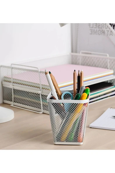 IKEA KALİTELİ 2 Adet Masa Üstü Metal Kalemlik İkea 2'li Set Ofis Kalemliği Çekil Kalemlik Beyaz - 4