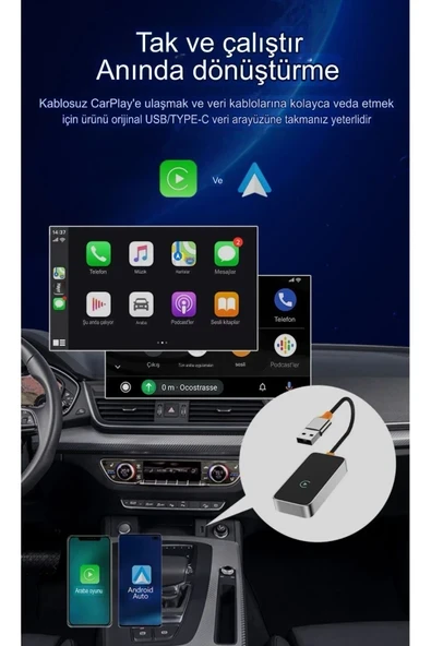 Fulltech 2in1, Wireless, Android 11+ ve IOS 10+ İçin Uyumlu, CarPlay Adaptör FCP1 - Resim 5