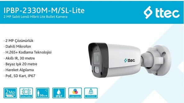 Ttec IPBP-2330M-M/SL-Lite 2mp 2.8mm Lens Sesli Gece Renkli Bullet IP Kamera Sadece PoE İle Çalışır - Resim 2