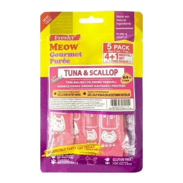 Freshy Meow Gourmet Puree Ton Balıklı Ve Deniz Taraklı Krema Kedi Ödülü 60gr 5li
