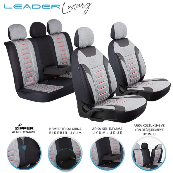 Leader Edition Nakış Keten Oto Koltuk Kılıfı Fermuarlı Lüks Füme ürün görseli 1