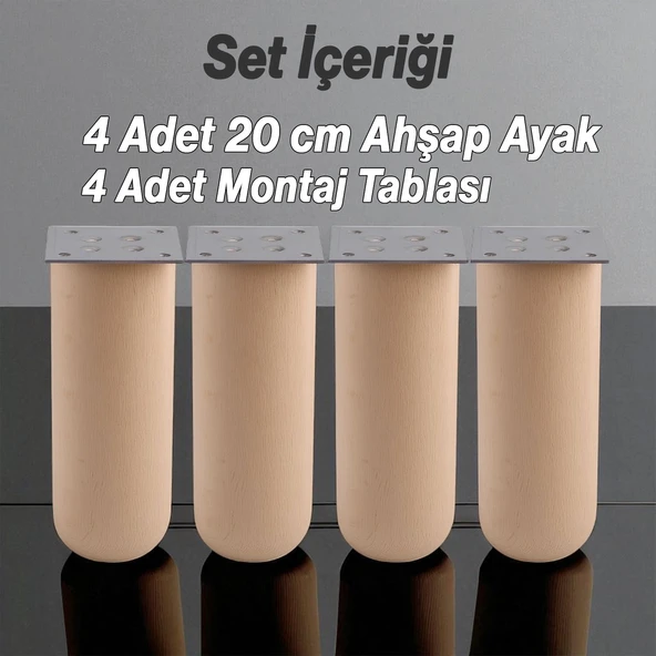 Bohem 4 ADET Doğal Ahşap Silindir Ayak 20 cm Set Mobilya Koltuk Kanepe Sehpa Masa Ayağı Ayakları - 4