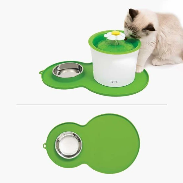 Catit Kedi Suluk ve Mamalık Altlığı Yeşil Medium Çelik Mama Kabı İle Birlikte - 2