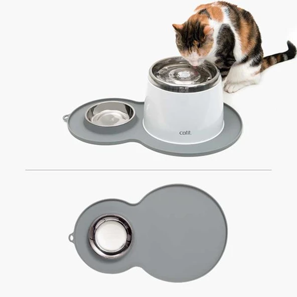 Catit Kedi Suluk ve Mamalık Altlığı Gri Medium Çelik Mama Kabı İle Birlikte - 2