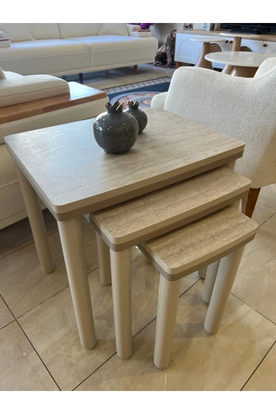 3lü Traverten Bohem Zigon Sehpa Vizon - Resim 4