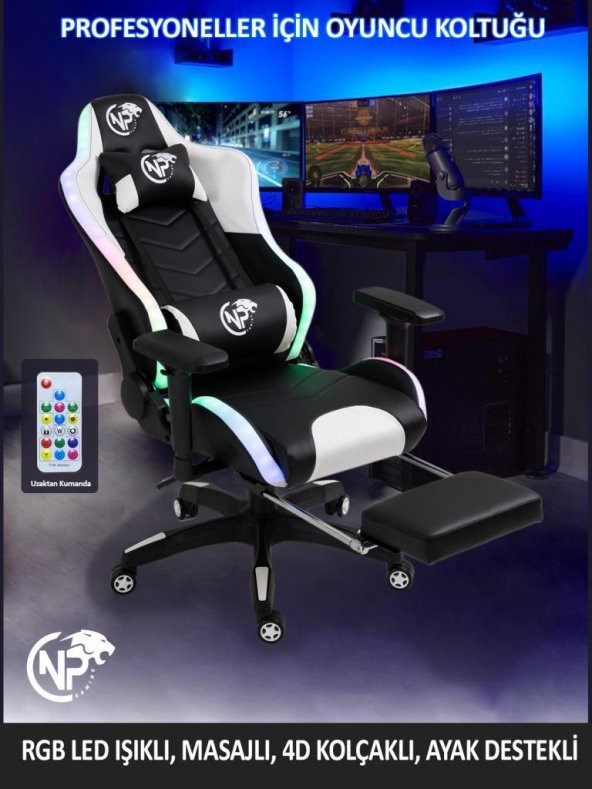NPO GC3001BW Masajlı,RGB,4D Kolçaklı,Ayak Destekli Oyuncu Koltuğu - 5