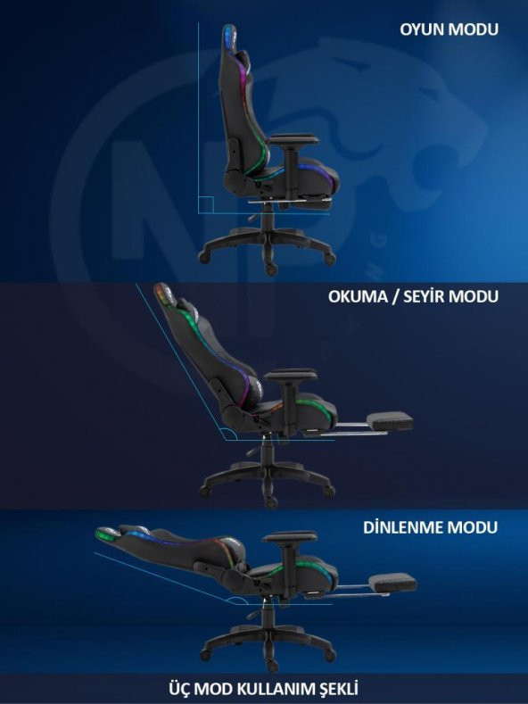 NPO GC3001BW Masajlı,RGB,4D Kolçaklı,Ayak Destekli Oyuncu Koltuğu - 8