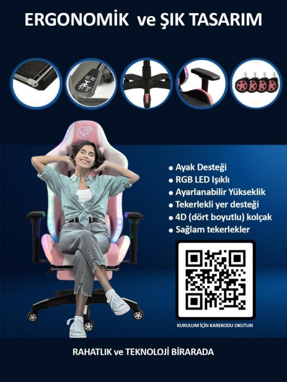 NPO GC3001PW Masaj Yastıklı, RGB Led Işıklı, 4D Kolçaklı, Ayak Destekli Profesyonel Oyuncu Koltuğu - 10