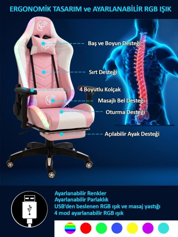 NPO GC3001PW Masaj Yastıklı, RGB Led Işıklı, 4D Kolçaklı, Ayak Destekli Profesyonel Oyuncu Koltuğu - 12