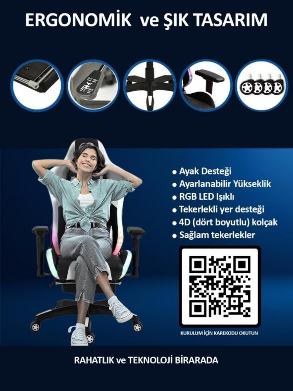 NPO GC3001BW Masajlı,RGB,4D Kolçaklı,Ayak Destekli Oyuncu Koltuğu - 10