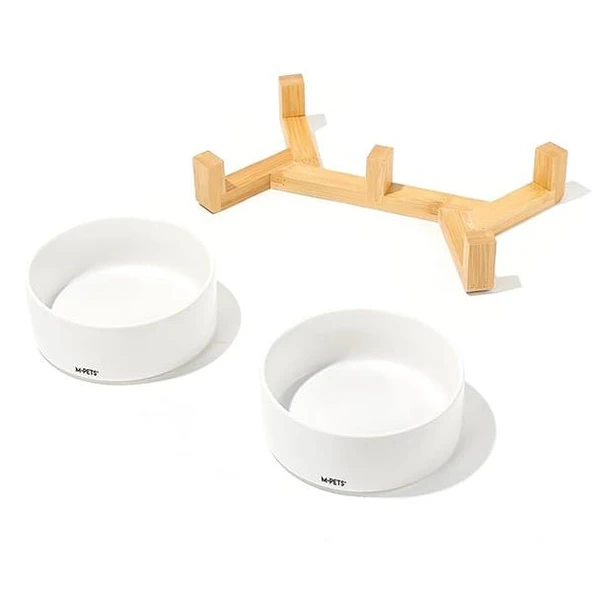M-Pets Opera Bamboo Standlı Seramik Mama Kabı 2x850ml Beyaz - Resim 4