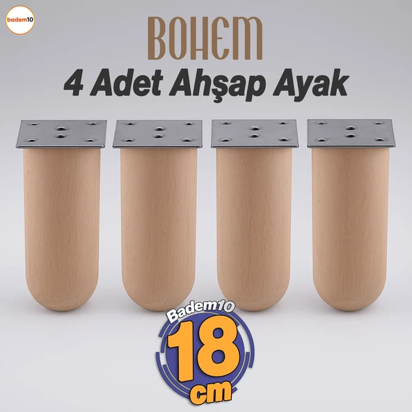 Bohem 4 ADET Doğal Ahşap Silindir Ayak 18 cm Set Mobilya Koltuk Kanepe Sehpa Masa Ayağı Ayakları