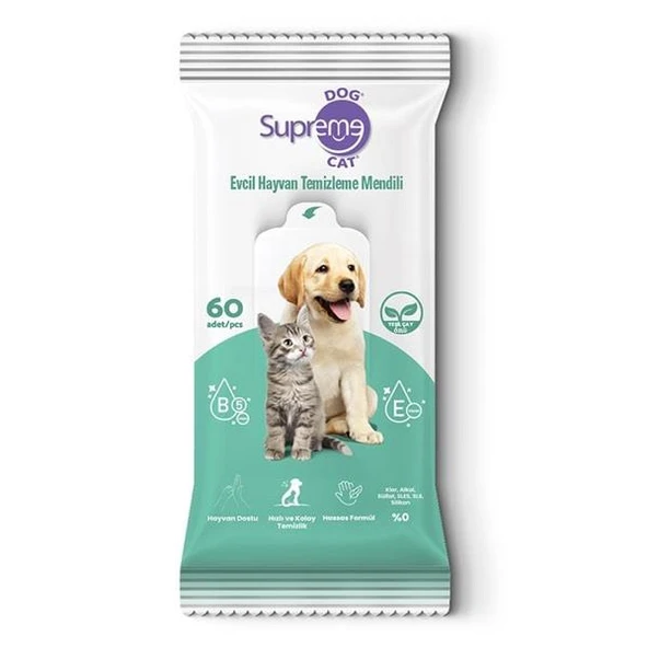 Supreme Yeşil Çaylı Kedi Ve Köpek Temizleme Mendili 60 Adet