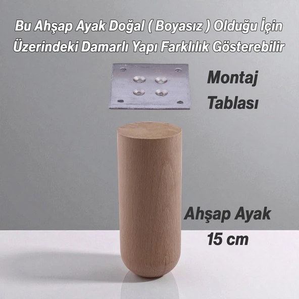 Bohem 4 ADET Doğal Ahşap 15 cm Silindir Ayak Set Mobilya Koltuk Kanepe Sehpa Masa Ayağı Ayakları - 2