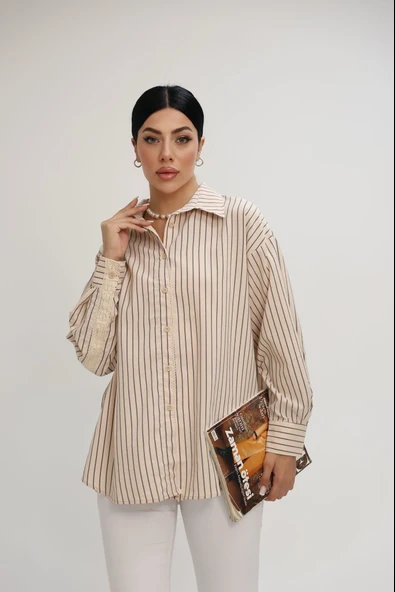 Kadın Dantel Şerit Detaylı Oversize Gömlek 1900-25 - 7