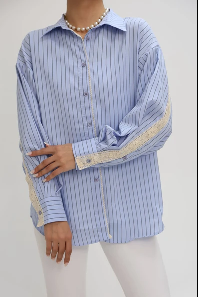 Kadın Dantel Şerit Detaylı Oversize Gömlek 1900-25 - 3