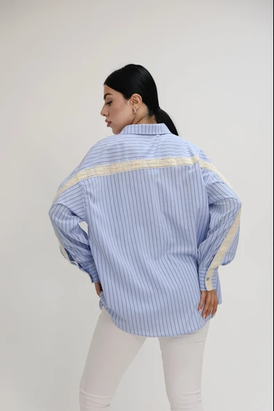 Kadın Dantel Şerit Detaylı Oversize Gömlek 1900-25 - 4