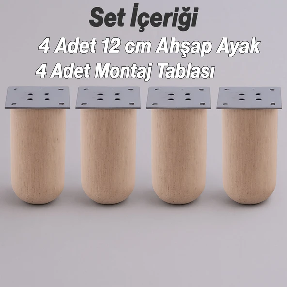 Bohem 4 ADET Doğal Ahşap 12 cm Silindir Ayak Set Mobilya Koltuk Kanepe Sehpa Masa Ayağı Ayakları - Resim 2