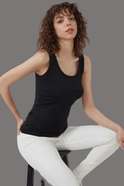 Kadın Fitilli Görünümlü Kalın Askılı Basic Atlet Body %90 Pamuk %10 Likra