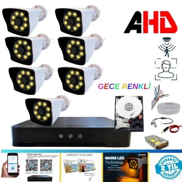 7 KAMERALI 5MP LENS 1080P WARM LED GECE RENKLİ 500 GB HDD DAHİL GÜVENLİK SETİ - 27500W