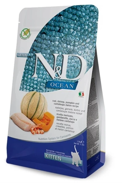 N&D Ocean Morina Balığı, Karides, Balkabağı Ve Kavunlu Yavru Kuru Kedi Maması 1,5 Kg ürün görseli 1
