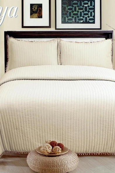 Asya Elyaf Dolgulu Çift Kişilik 240x260 Cm Yatak Örtüsü Bej ürün görseli