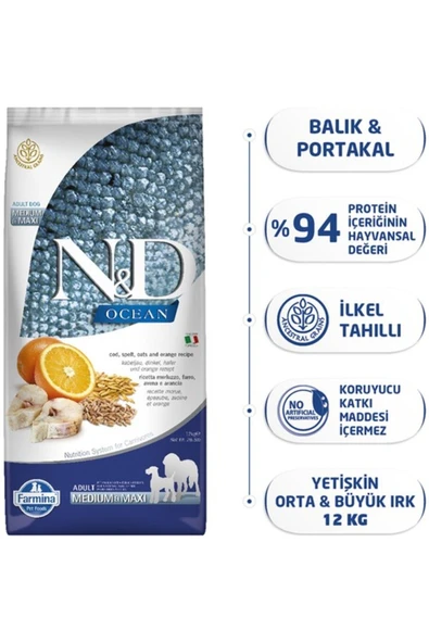 N&D Ocean Düşük Tahıllı Balıklı Portakallı Orta Ve Büyük Irk Yetişkin Köpek Maması 12 Kg - Resim 2