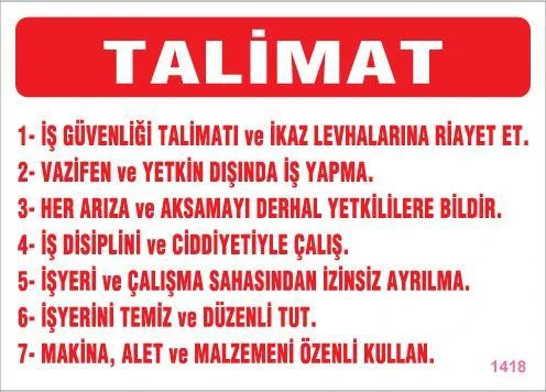 Avmdepo  İş Güveliği Talimatları Levhası 25x35 KOD:1418 ürün görseli