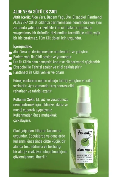 HOMM ALOE VERA SÜTÜ VİTAMİN B5 VİTAMİN E TÜM CİLT TİPLERİ İÇİN 70 ML - 2