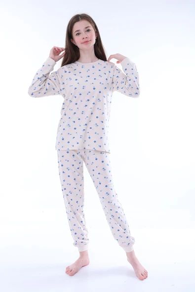 Minimal Çiçek Detaylı Mavi Kız Çocuk Pijama Takımı - Resim 2