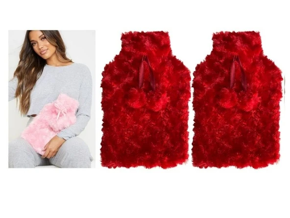 SICAK SU TORBASI 2 ADET,KIRMIZI RENKLİ,PONPONLU TERMOFOR 26X17X2CM 1 LİTRE - Resim 3