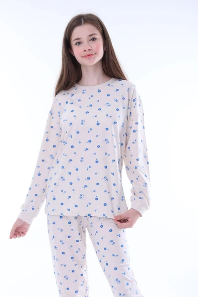 Minimal Çiçek Detaylı Mavi Kız Çocuk Pijama Takımı - Resim 3