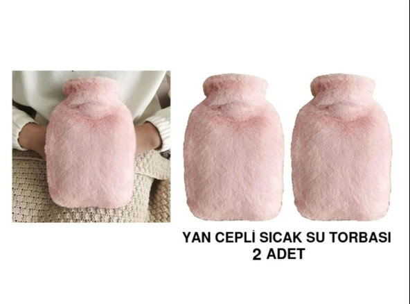 SICAK SU TORBASI 2 ADET,YAN CEPLİ PEMBE PELUŞ TERMOFOR 27x17x2cm  750ml