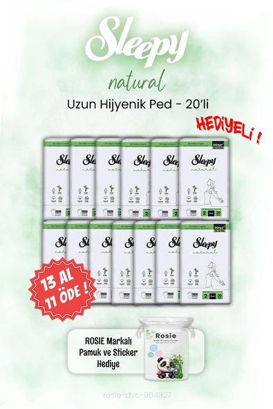 Sleepy 13 AL 11 ÖDE Natural Hijyenik Ped Uzun 20'li ve ROSIE ürün görseli