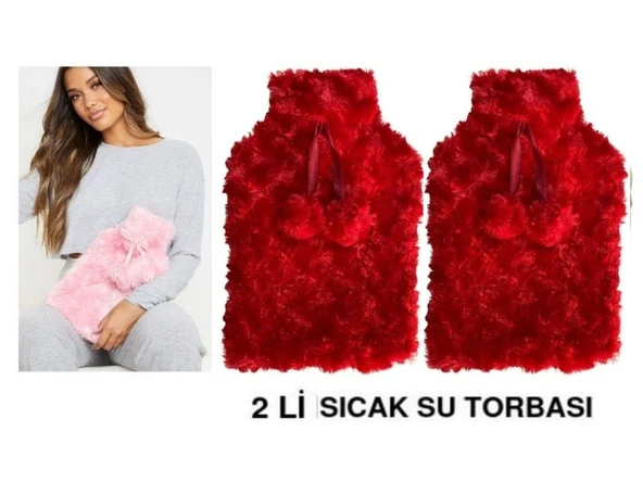 SICAK SU TORBASI 2 ADET,KIRMIZI RENKLİ,PONPONLU TERMOFOR 26X17X2CM 1 LİTRE ürün görseli