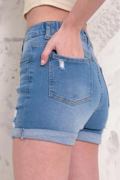 Kadın Likralı Duble Paça Yıpratmalı Denim Mini Şort - 5