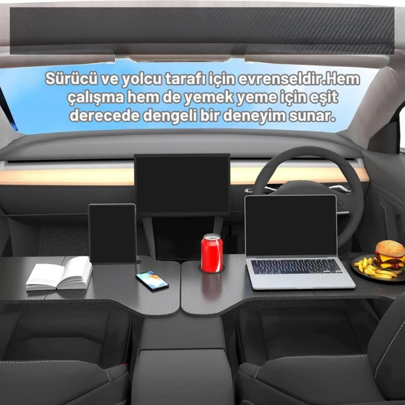 Polham Tesla Model 3 ve Model Y İle Uyumlu Araç İçi Çalışma Masası, Bardaklı, Telefon Standlı Tepsi - 4