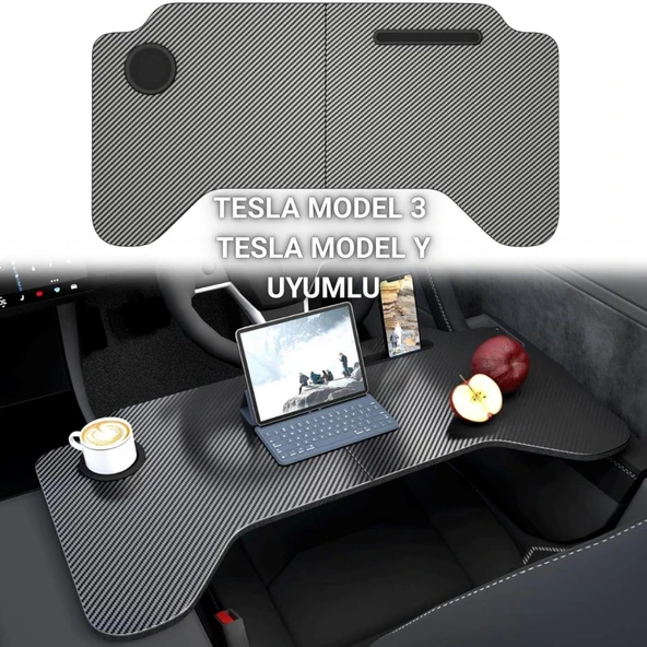 Polham Tesla Model 3 ve Model Y İle Uyumlu Araç İçi Çalışma Masası, Bardaklı, Telefon Standlı Tepsi