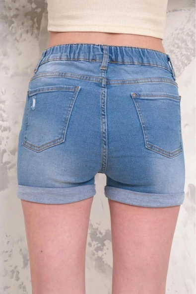 Kadın Likralı Duble Paça Yıpratmalı Denim Mini Şort - 2