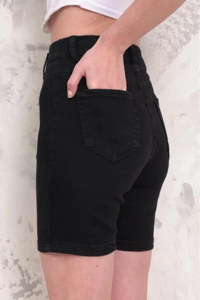 Kadın Likralı Düz Paça Denim Kısa Şort - 5