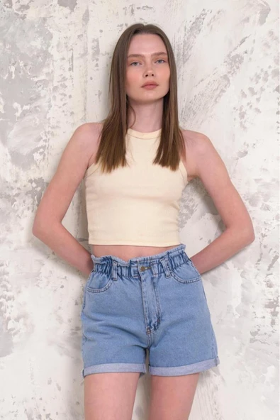 Kadın Fırfır Detaylı Beli Lastikli Duble Paça Denim Mini Şort