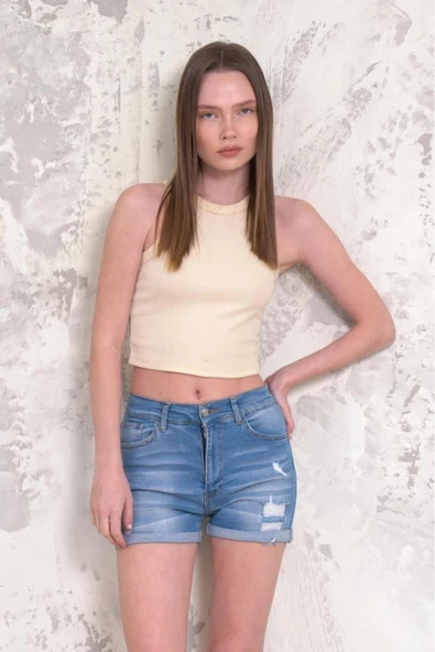 Kadın Likralı Duble Paça Yıpratmalı Denim Mini Şort